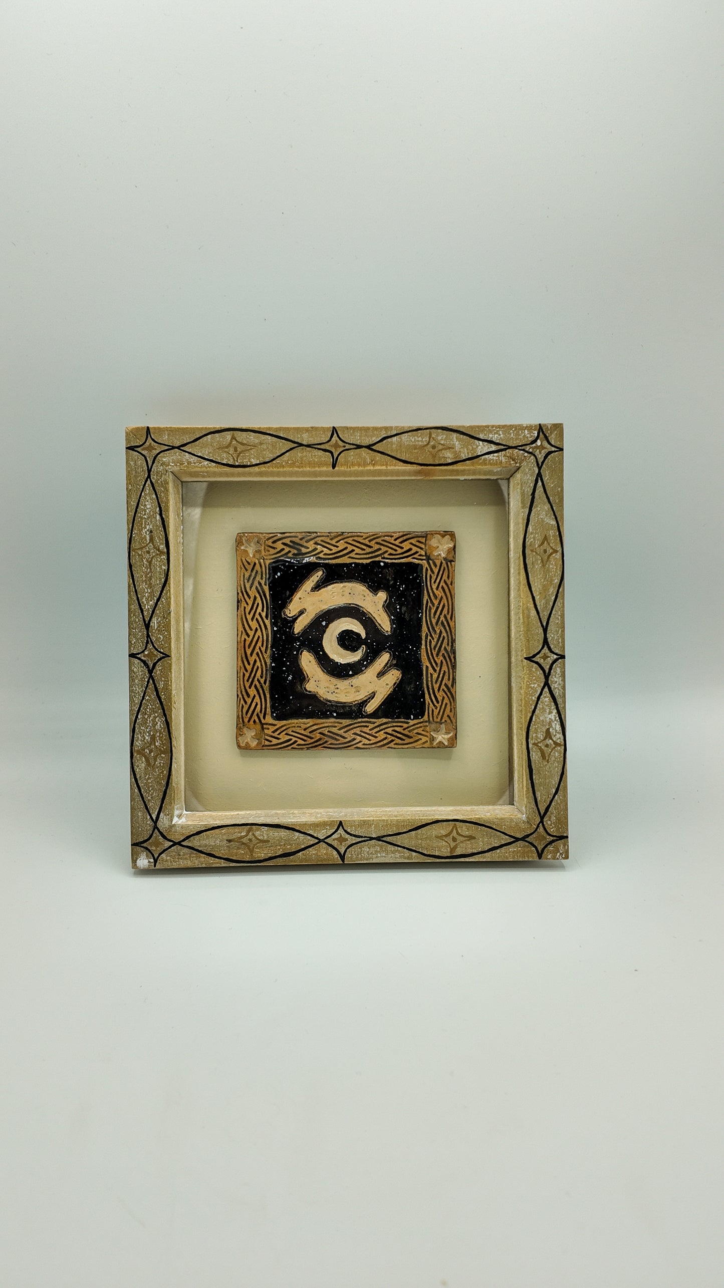 'Moon Gazing Hares' Original Ceramic Tile in Hand-Painted Frame