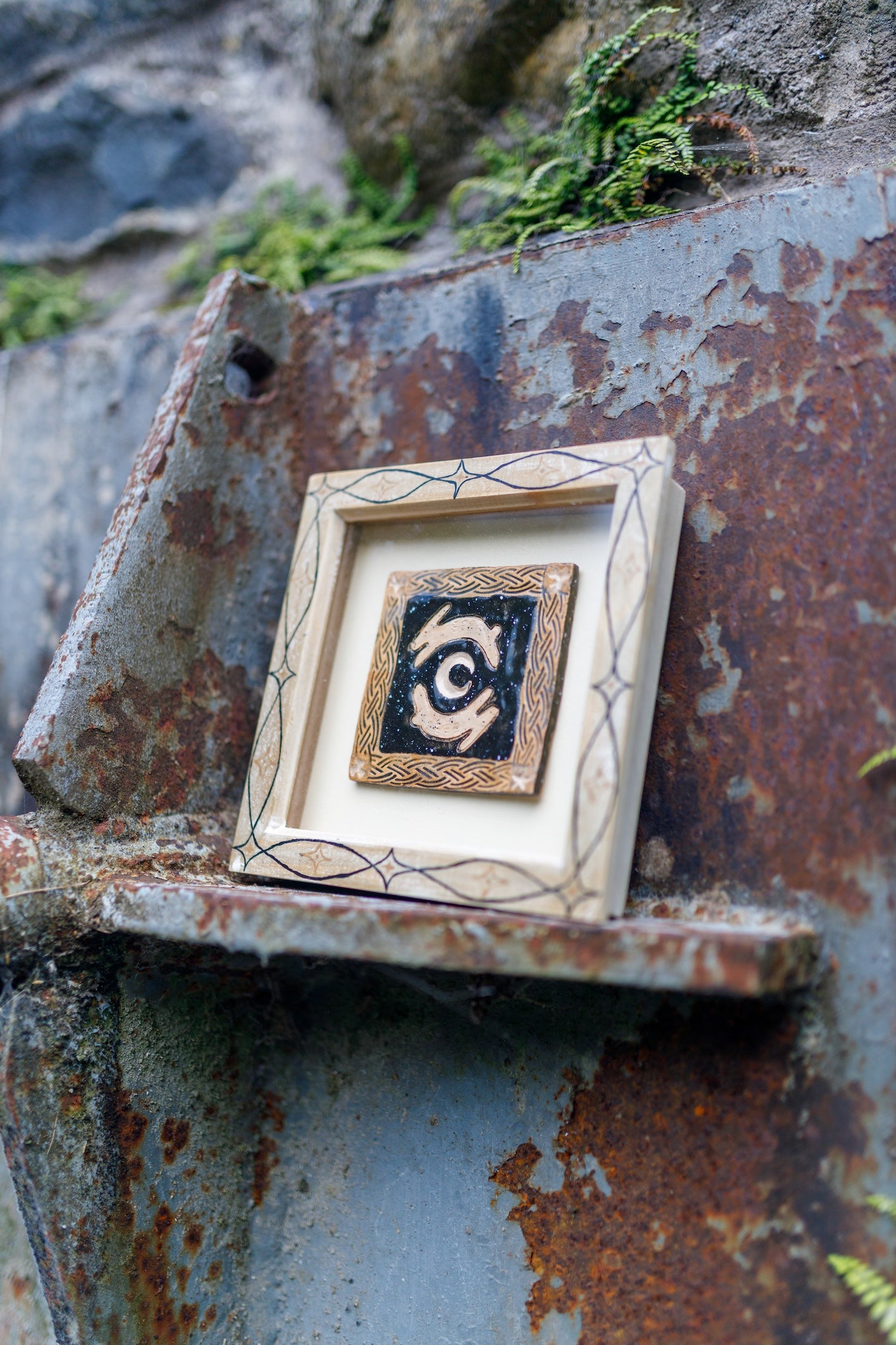 'Moon Gazing Hares' Original Ceramic Tile in Hand-Painted Frame