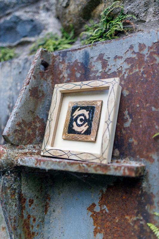 'Moon Gazing Hares' Original Ceramic Tile in Hand-Painted Frame