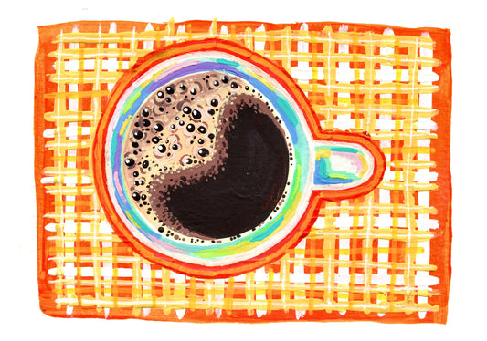 Colorful illustration of a coffee cup with a rainbow rim on a checkered background